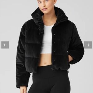 ALO Gold Rush Jacket - Black Puffer Cropped Ribbed Velour - Size S